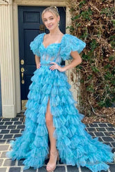 A-line Multi Tiered Printed Tulle Prom Dress with Slit